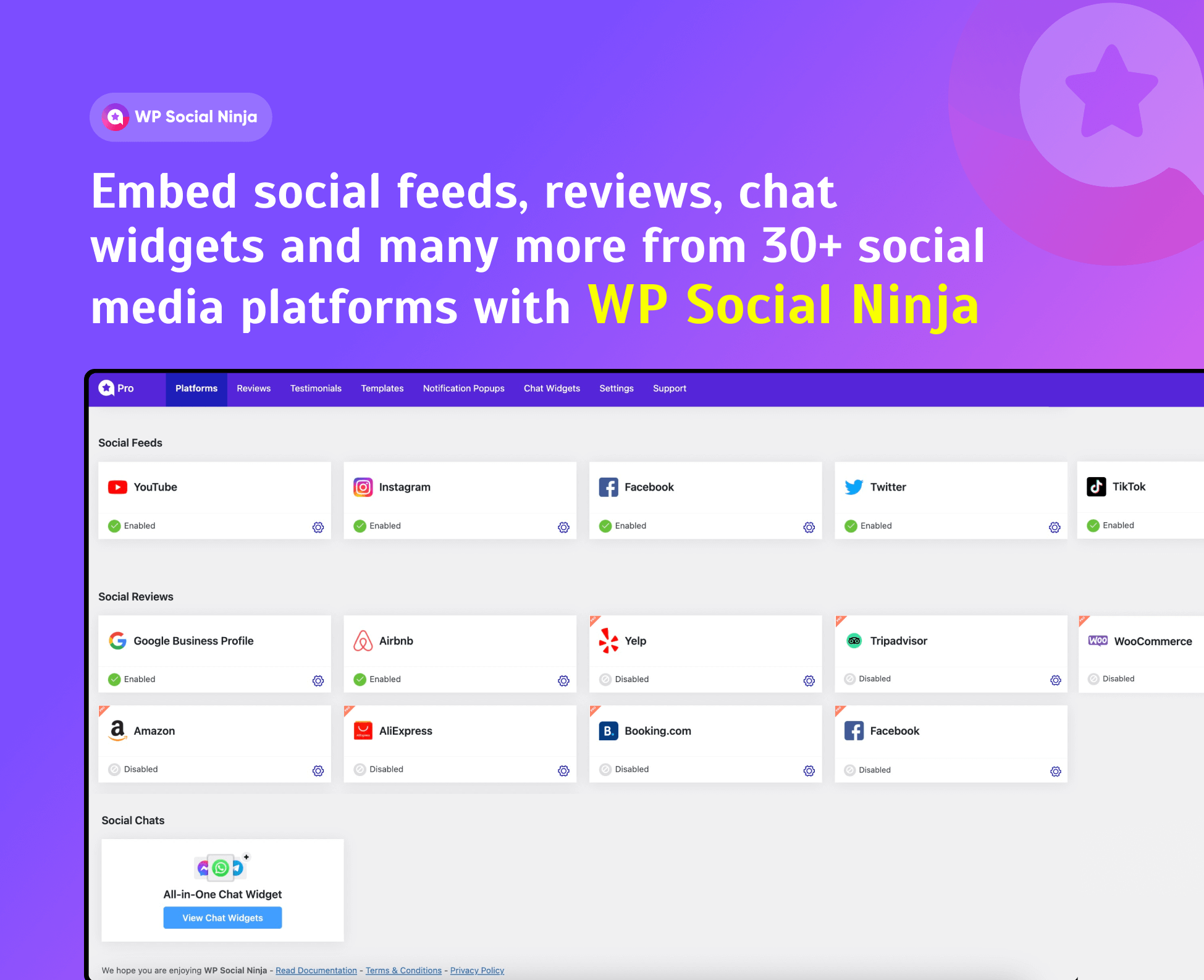 Embed social feeds, reviews, chat widgets and many more from 30+ social media