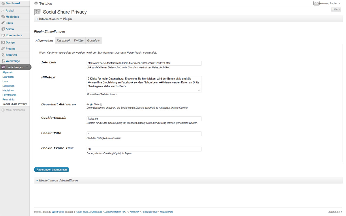 Option Page for general Settings of the Plugin