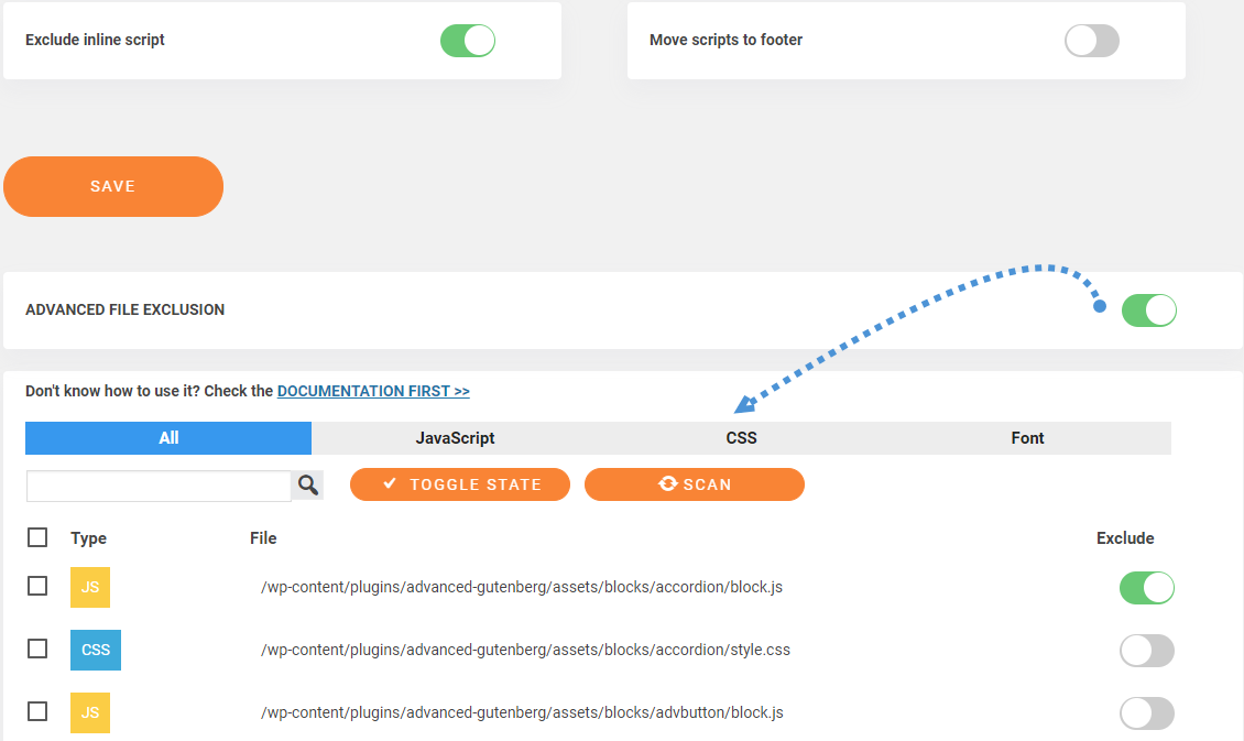 Visual file inclusion/exclusion from file group and minify