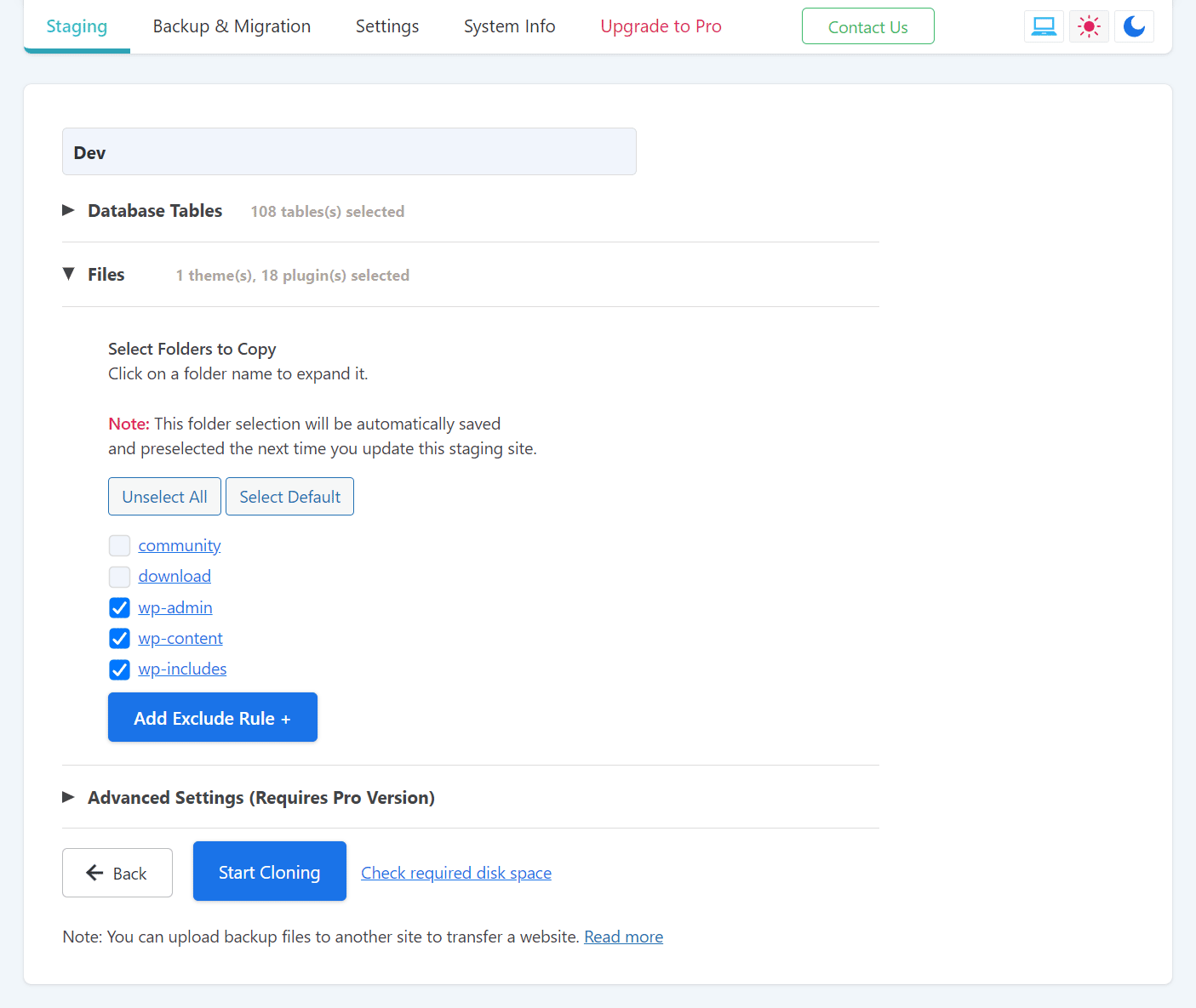 Select name for staging / backup site (Lite Mode)