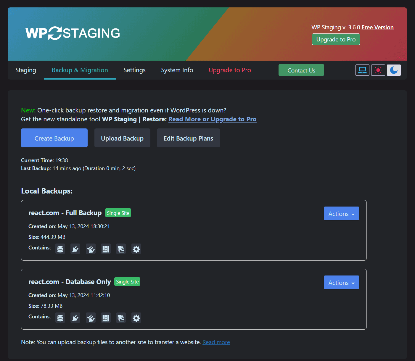 Create Full Site Backup (Dark Mode)