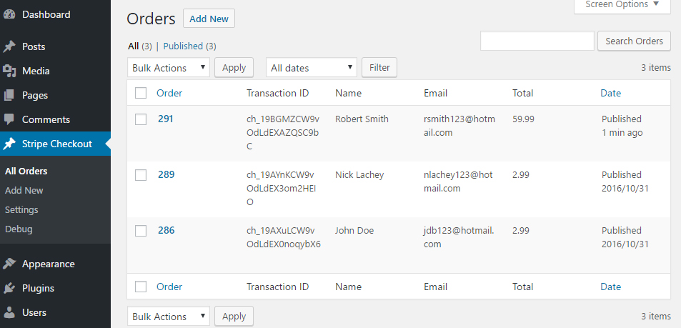 Stripe Plugin Orders Menu