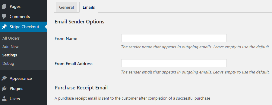 Stripe Plugin Email Sender Options