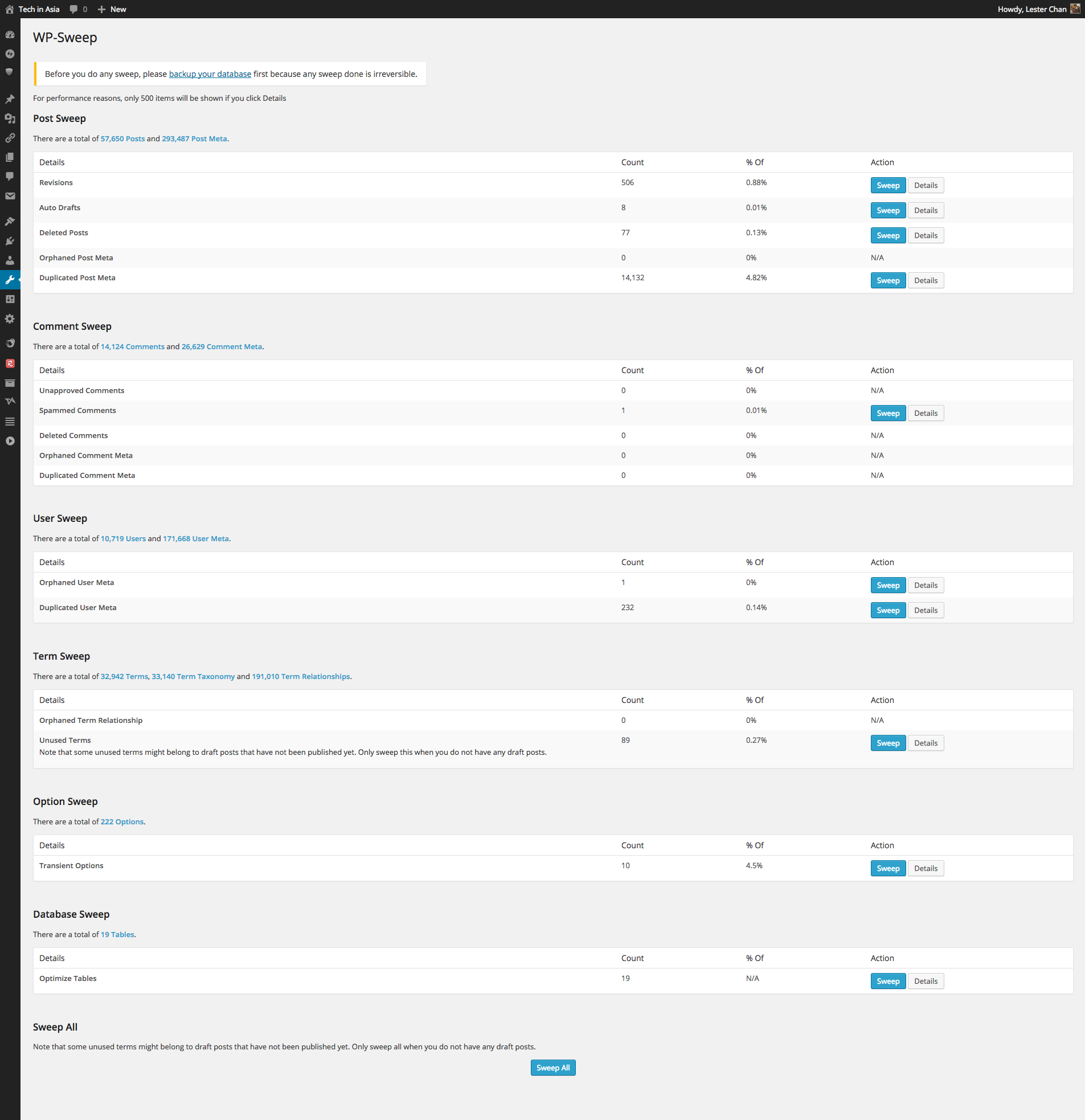 WP-Sweep's Screenshot: WP-Sweep Administrator Page (Before Sweeping)