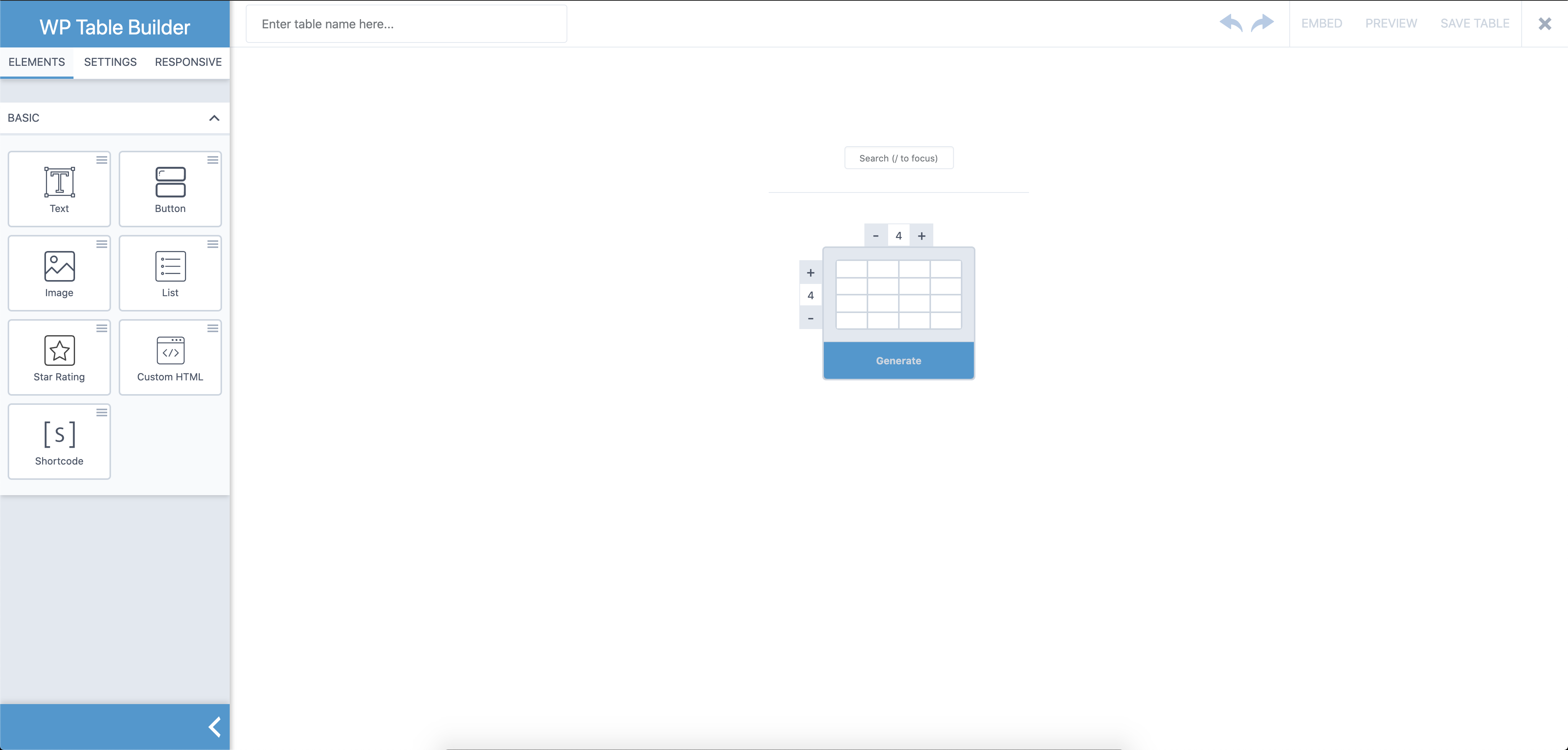 Creating new table in WP Table Builder.