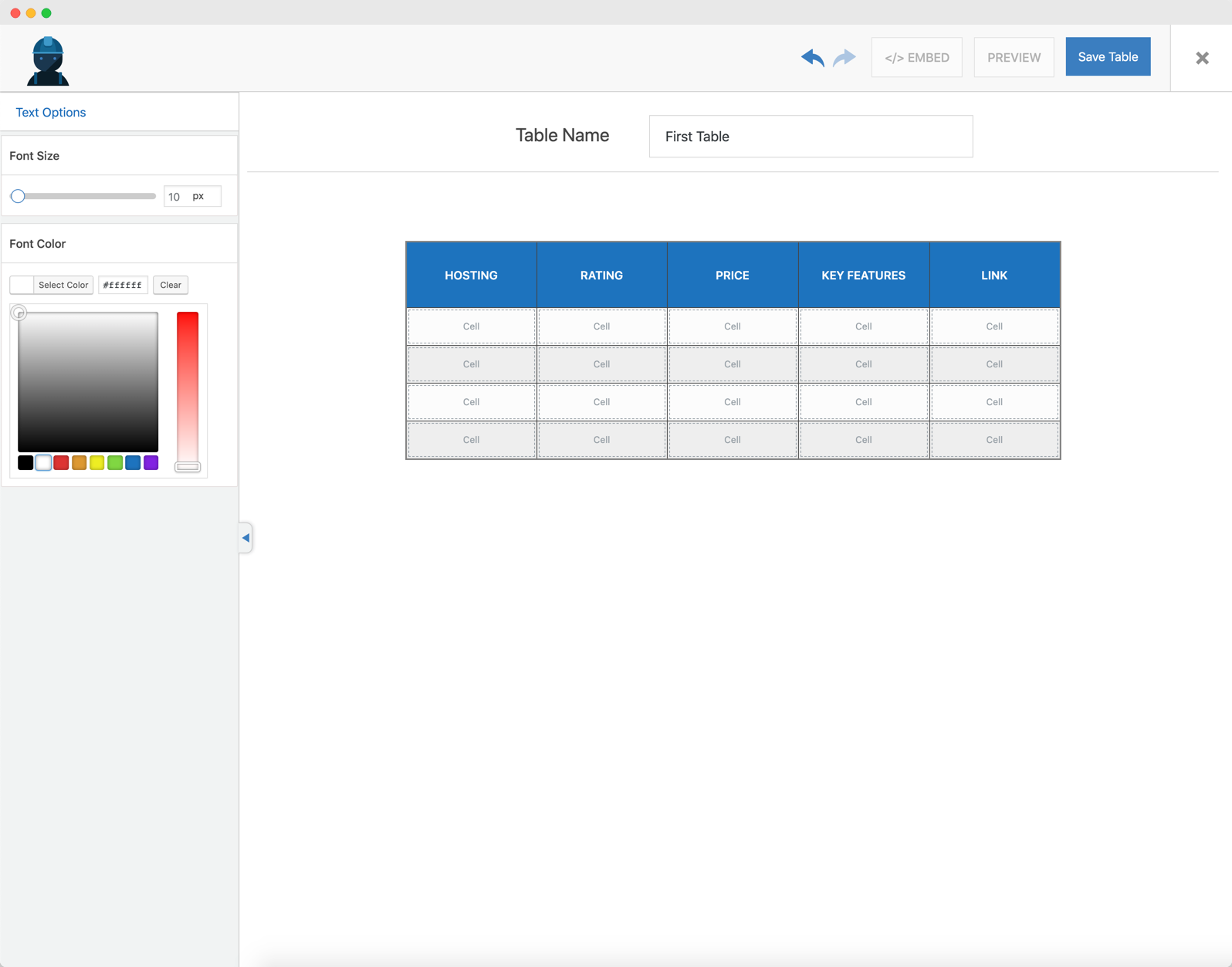 Text In WP Table Builder.