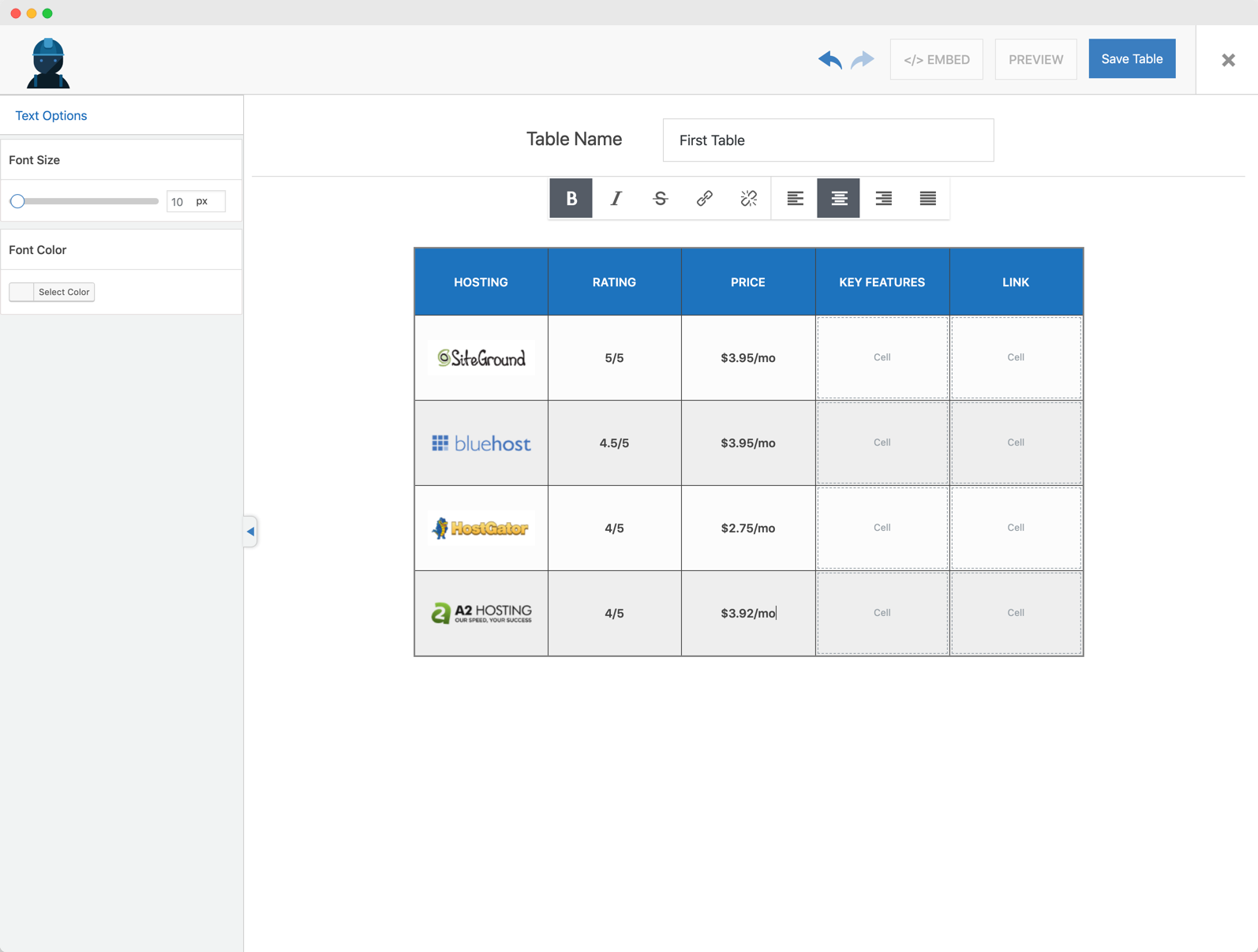 Text 2 In WP Table Builder.