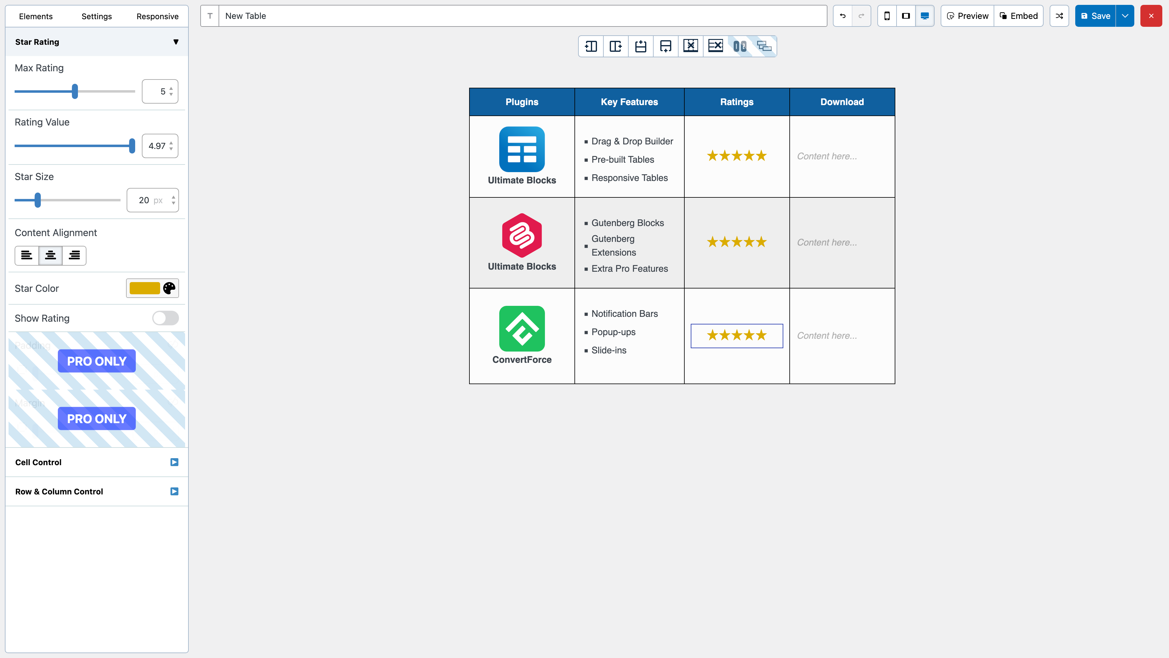 Star Ratings in the Table.