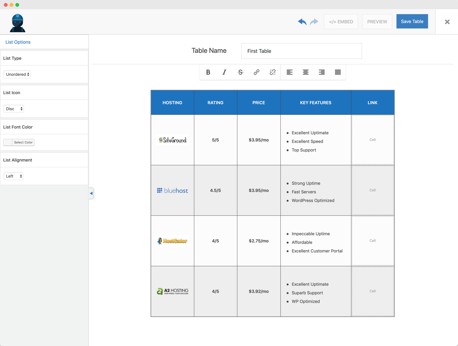 List Options In WP Table Builder.