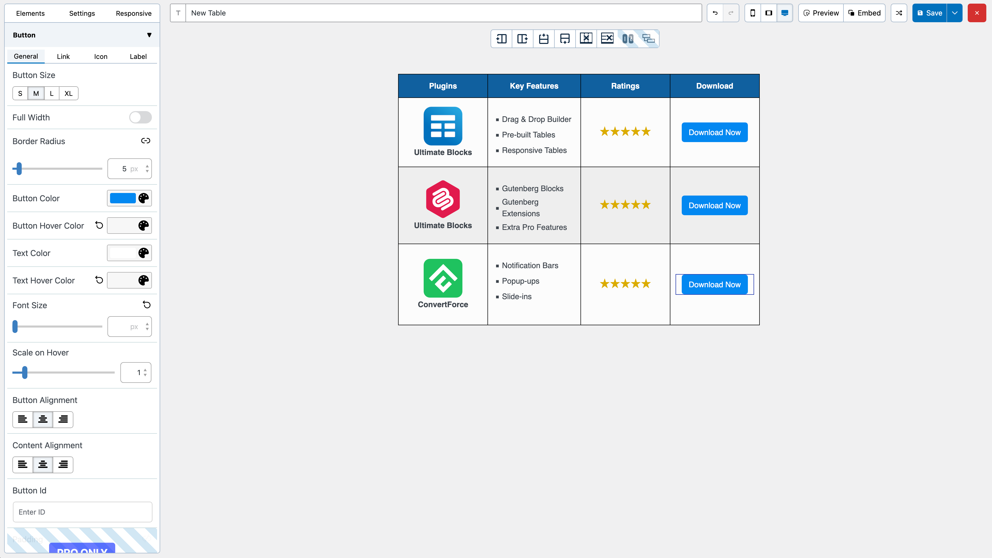 Buttons in the Table.