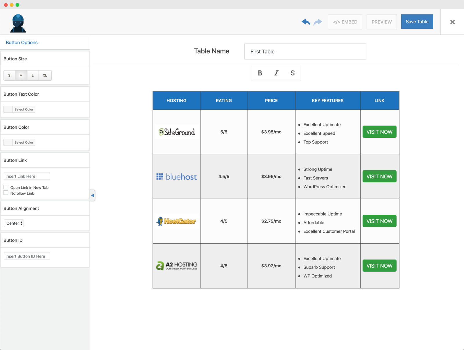 Button In WP Table Builder.