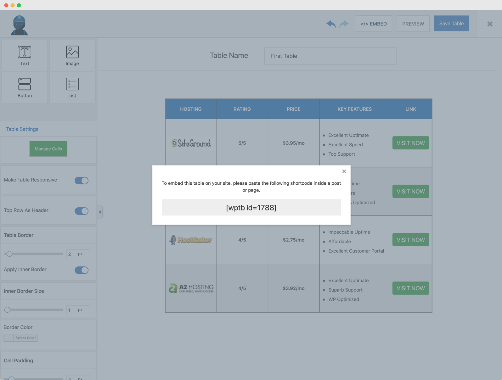 Shortcode in WP Table Builder.