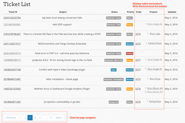 Displays a ticket list in table format in the frontend