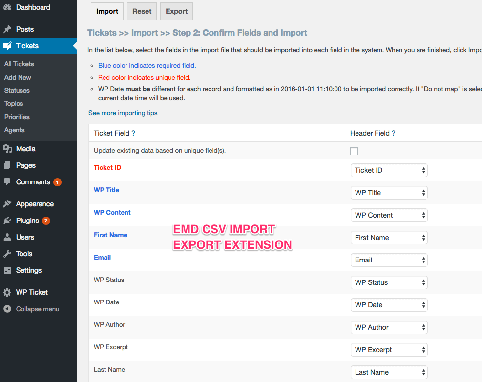 <a href="https://emdplugins.com/plugin-features/wp-ticket-importexport-addon">eMD CSV Import Export Extension</a> for bulk import/export from/to CSV files