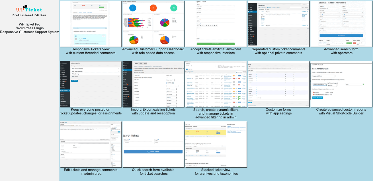 WP Ticket Pro dashboard with statistics and charts in admin area; Advanced filtering, responsive frontend/backend and more