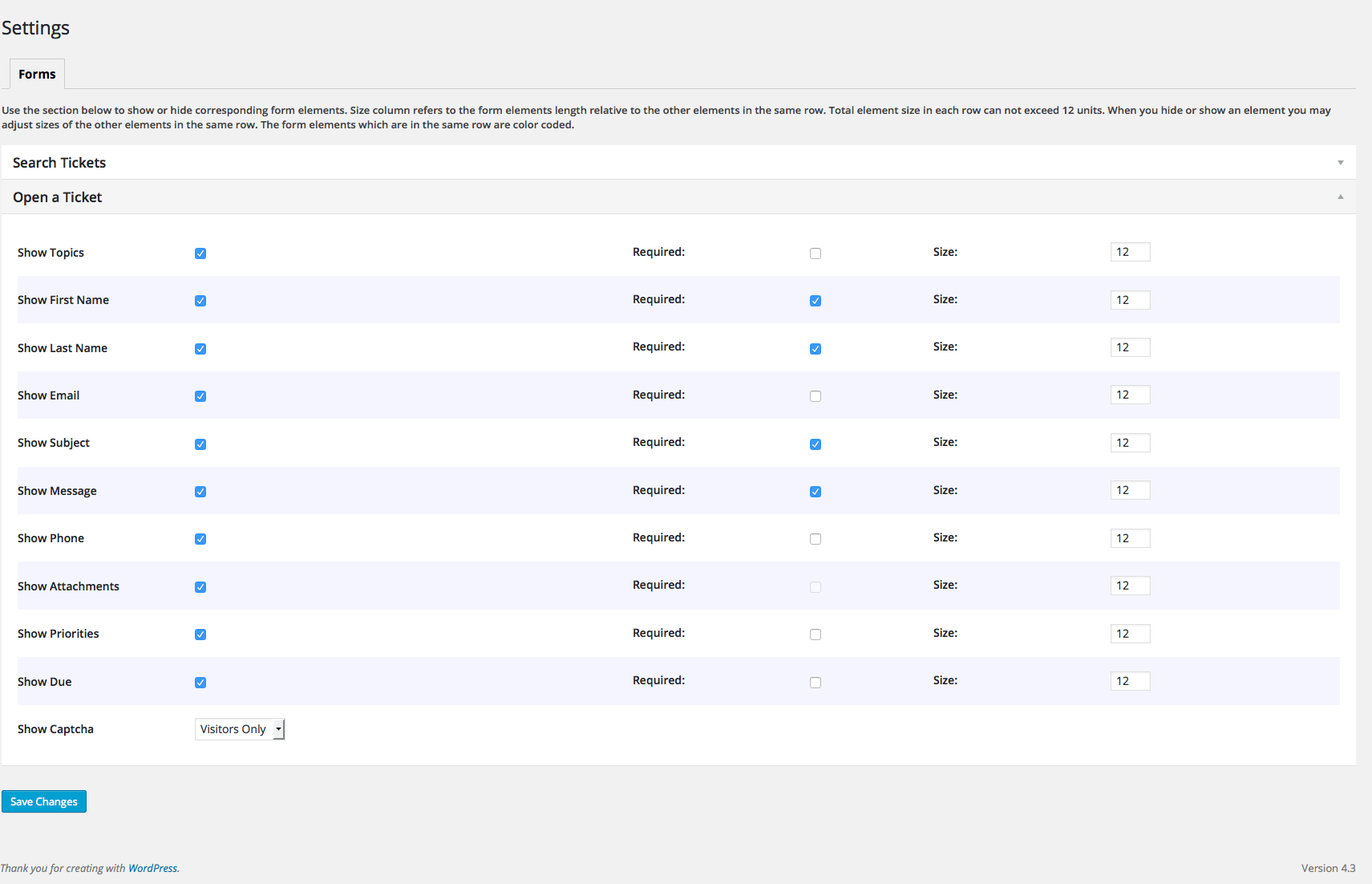 Admin Settings page for WP Ticket Form customization.