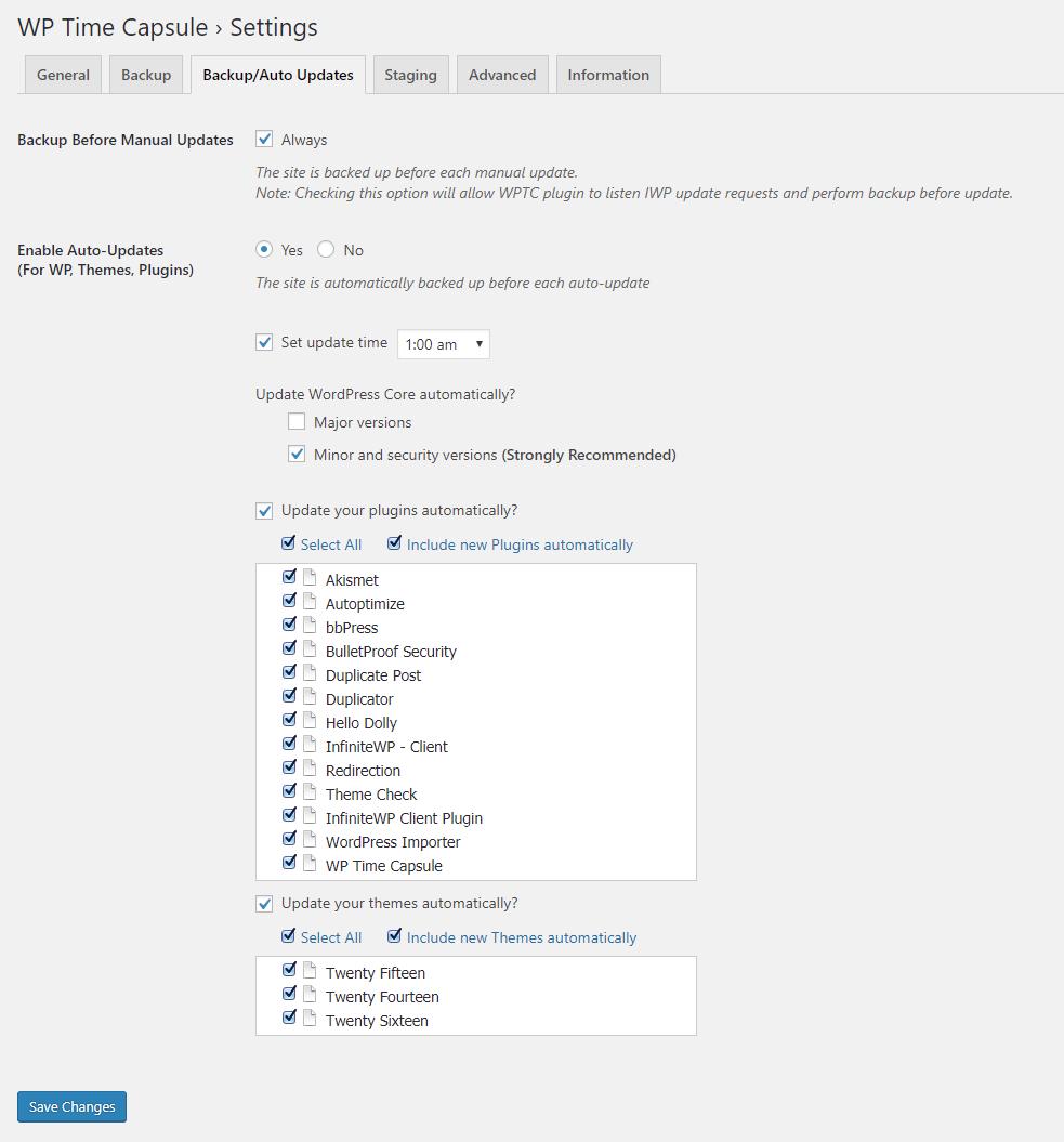 <strong>Backup Before Update</strong> - Configure Auto and Backup Before Updates for your plugins, themes, and core to update automatically on the scheduled time.