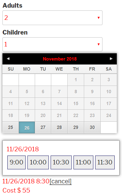 Booking form with quantity fields.