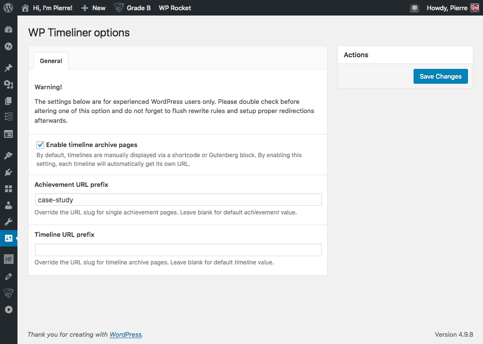 Plugin options page.