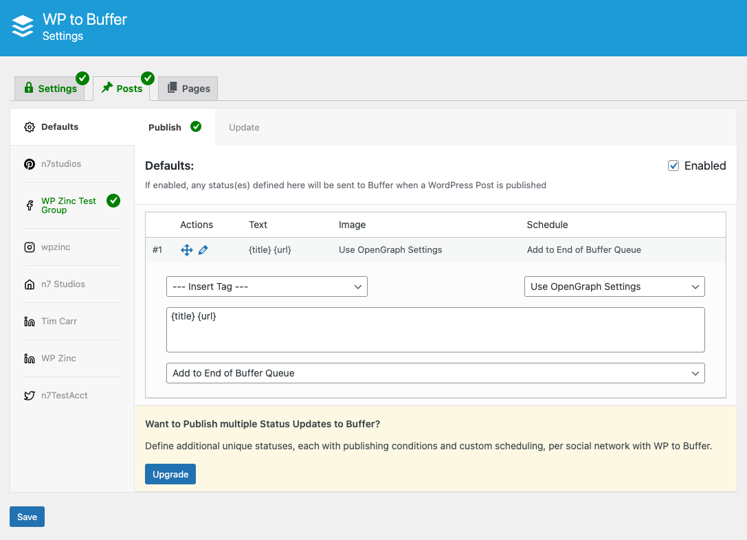 Tela de configurações exibindo as opções disponíveis para posts.