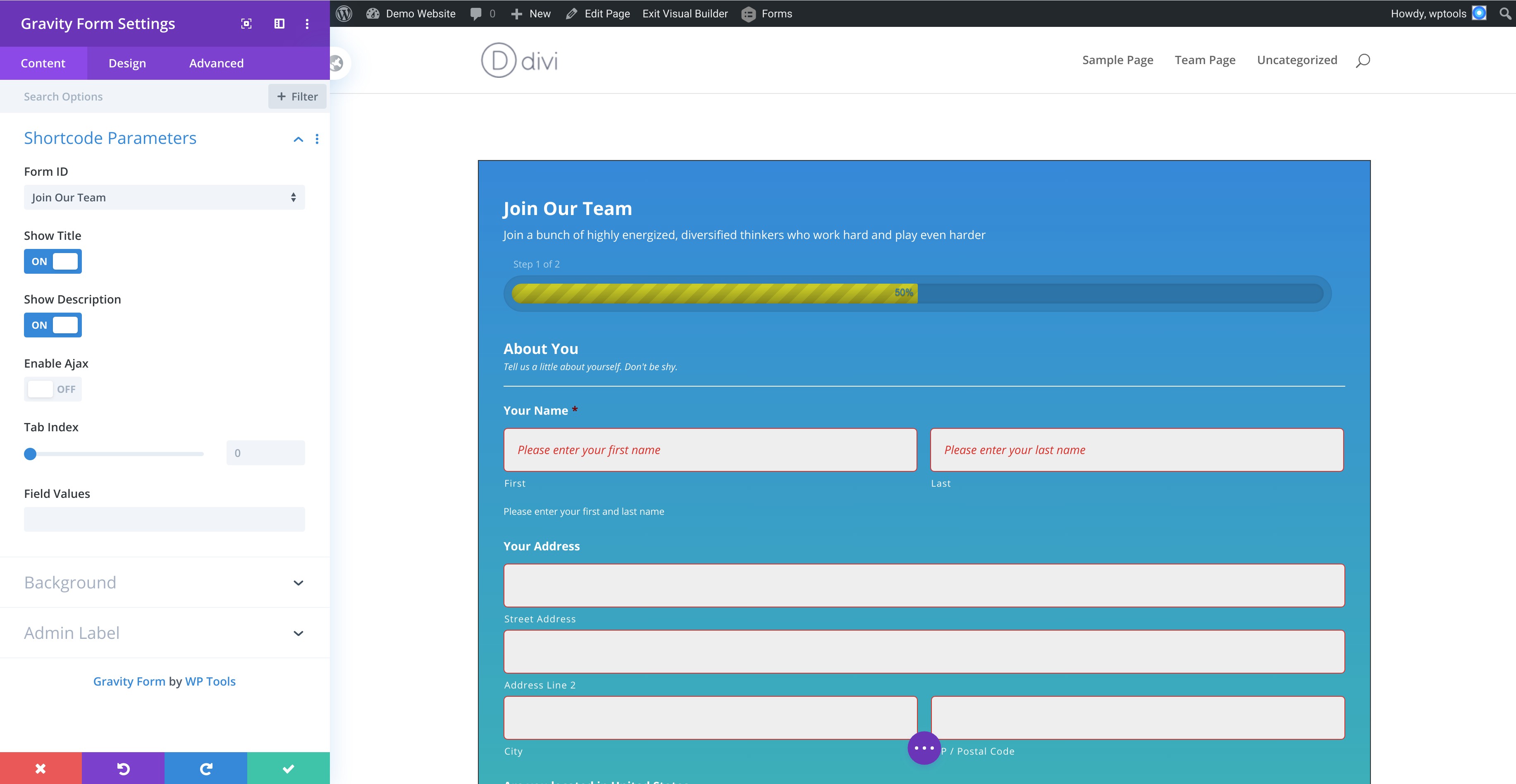 Selecting gravityform and setting shortcode params in the divi module.