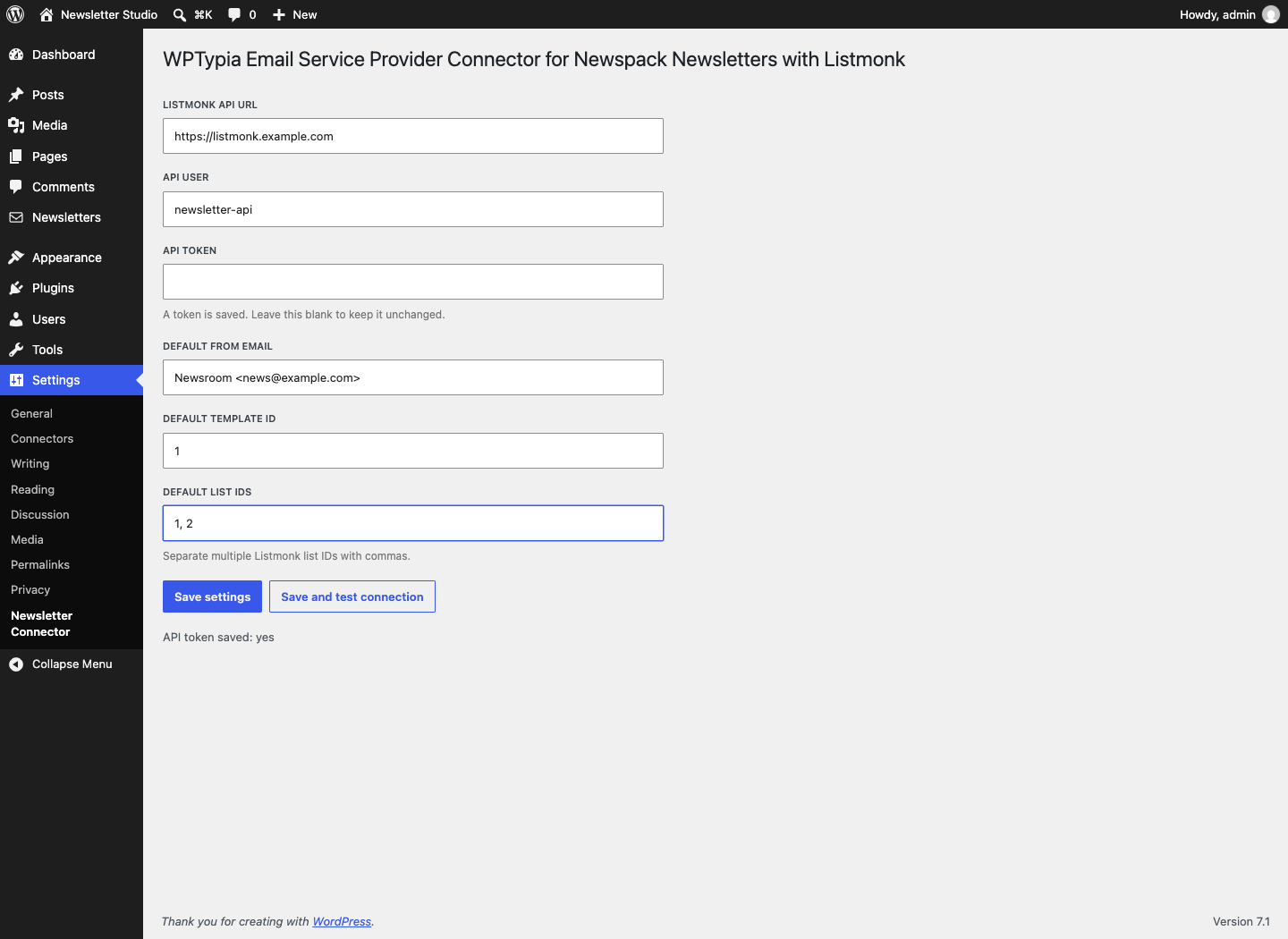 Configure the Listmonk API connection, sender defaults, template, and target list IDs from the WordPress settings screen.