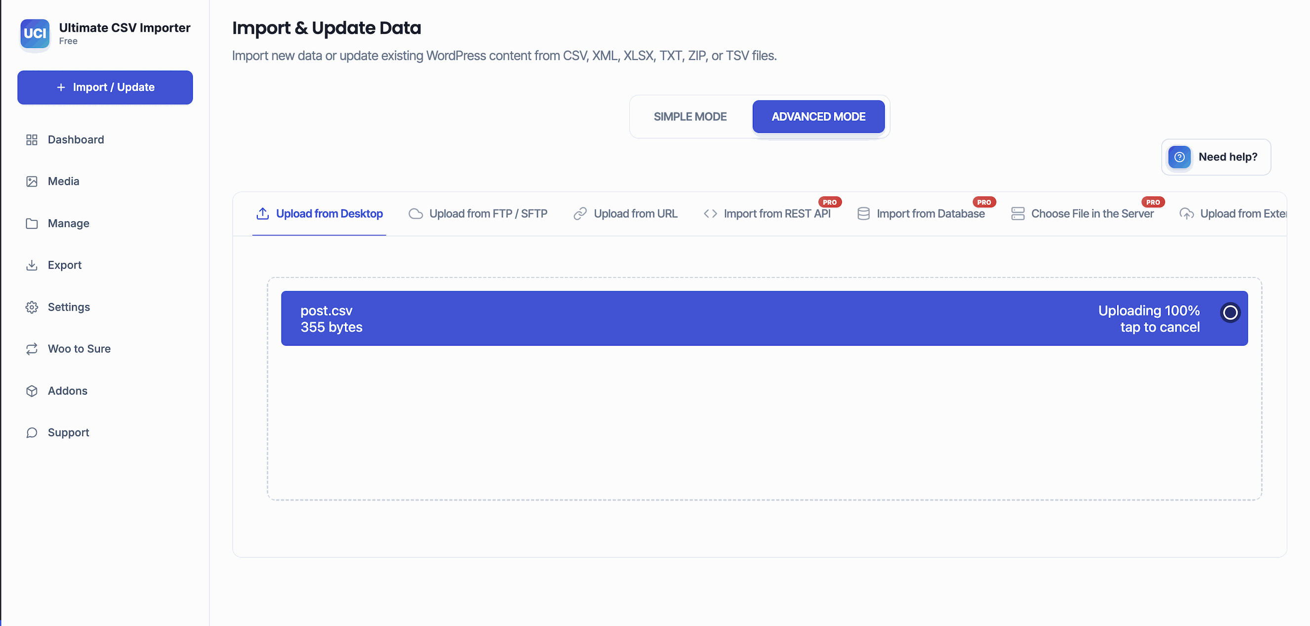 Upload CSV, XML or Excel files from your device, external URL or supported remote source