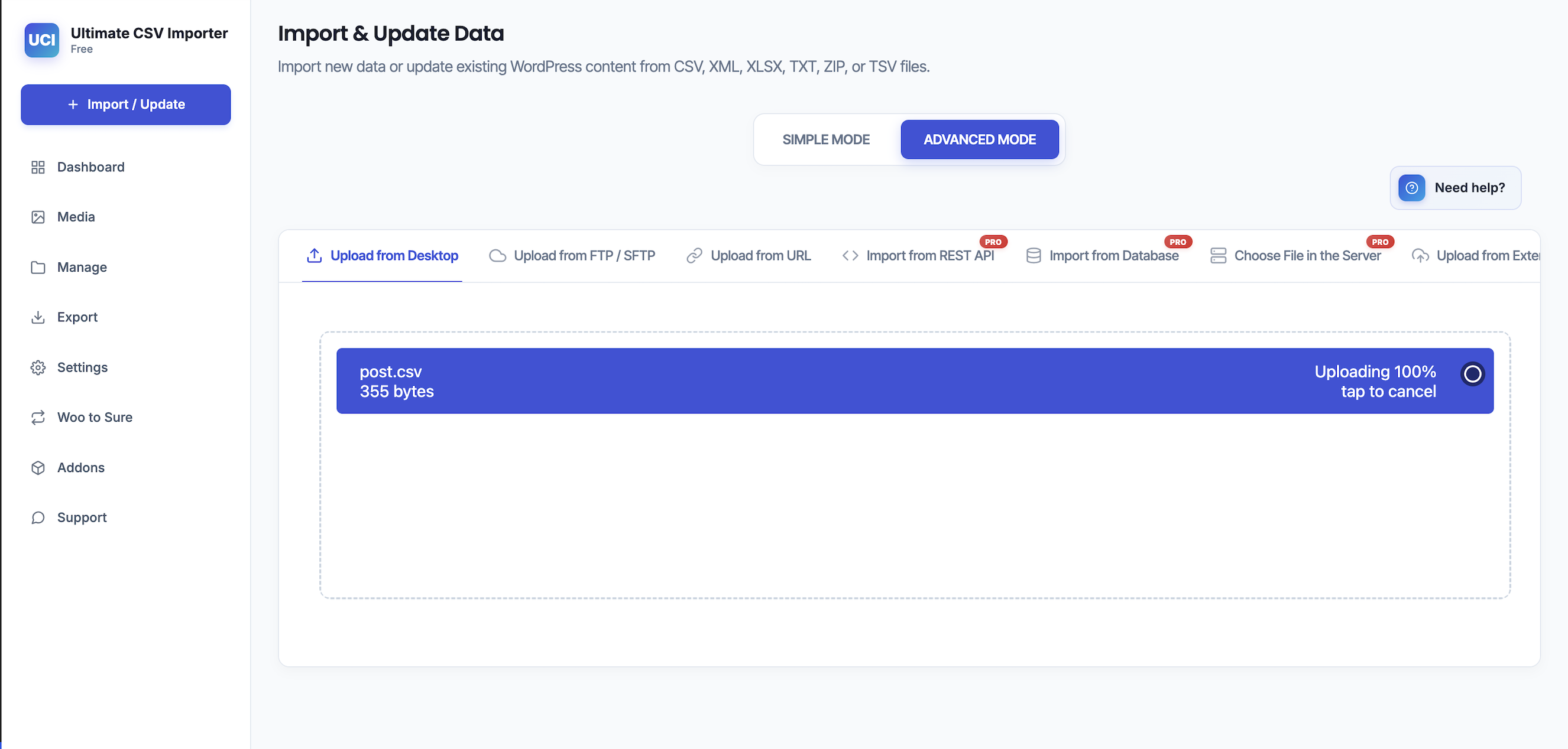 Upload CSV, XML or Excel files from your device, external URL or supported remote source