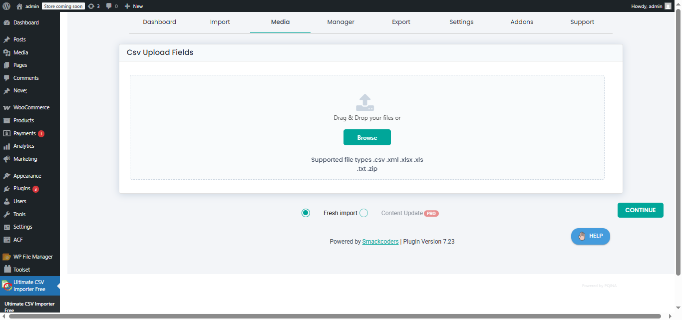 Media Import Remote Upload: Choose CSV File