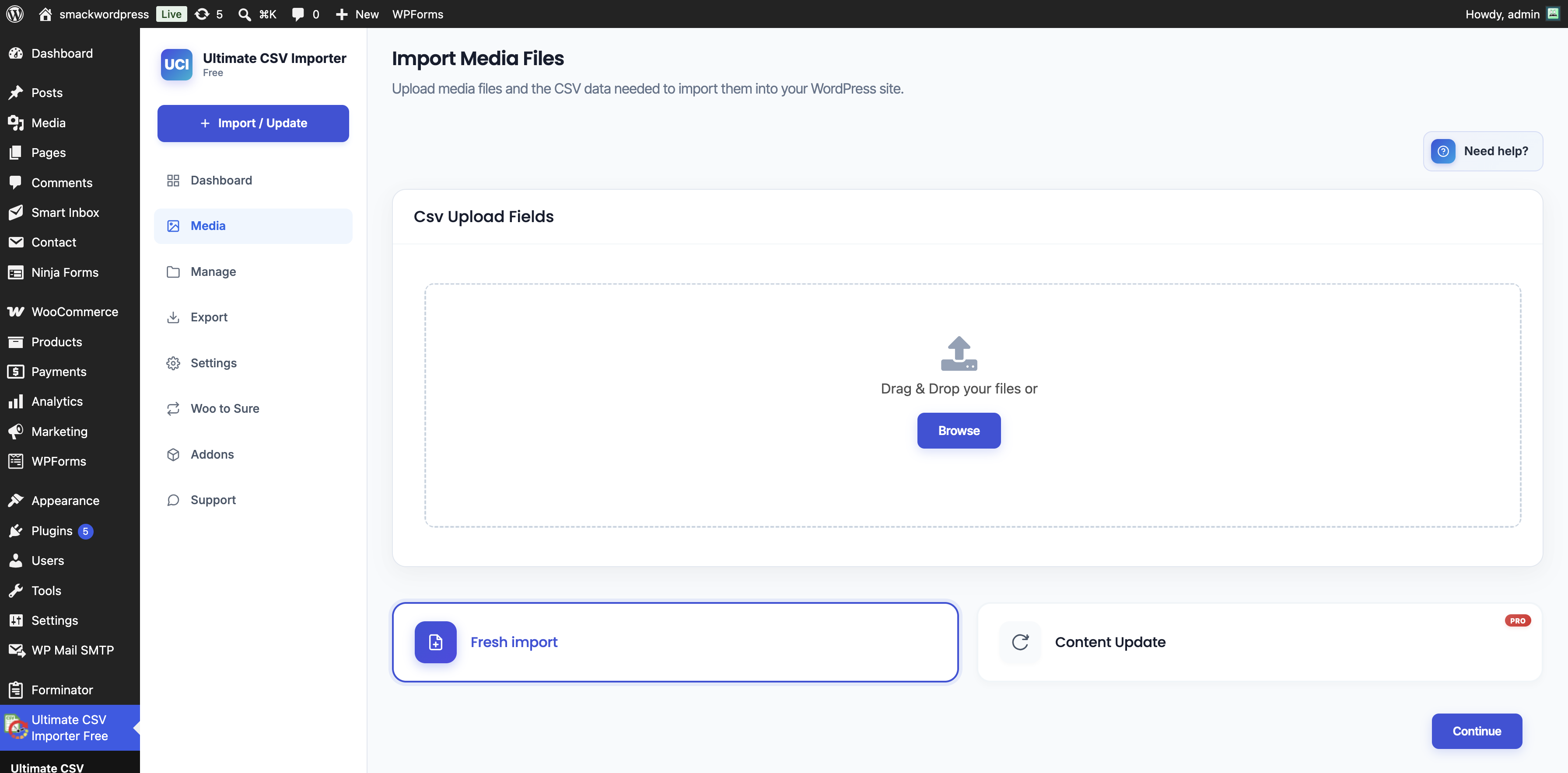 Select a CSV containing external image URLs for media import