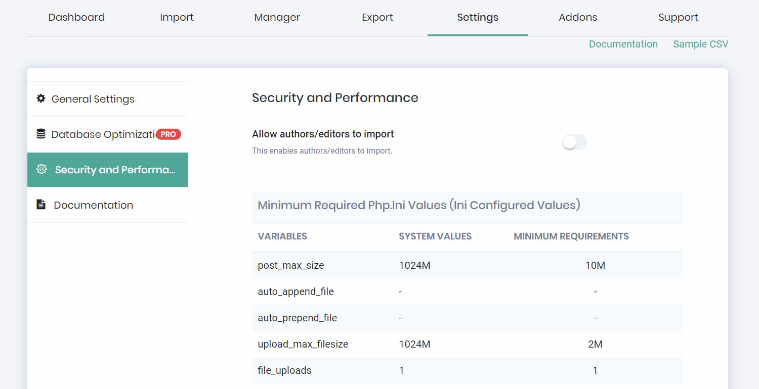 PHP.ini Settings for Imports