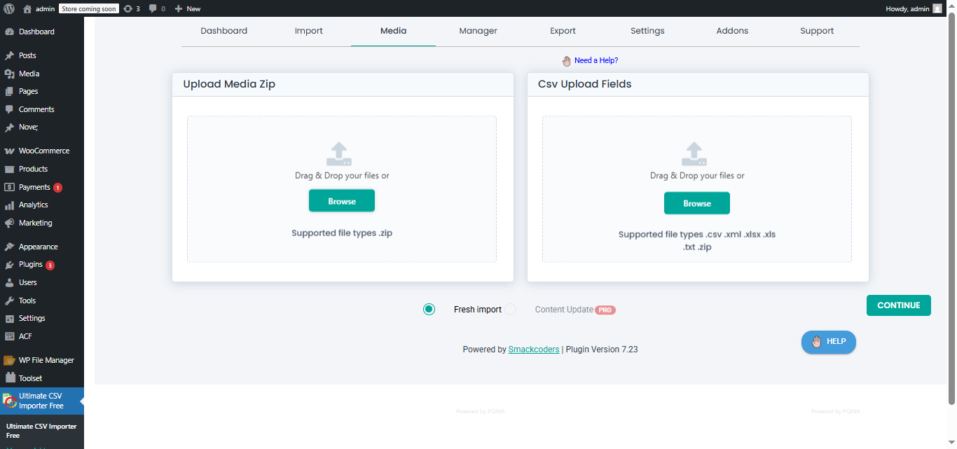 Media Import Device Upload: Choose Media Zip & CSV