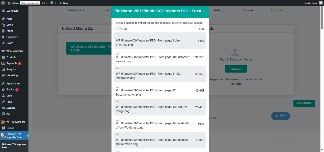 Media Import Device Upload: Select Images Files to Import