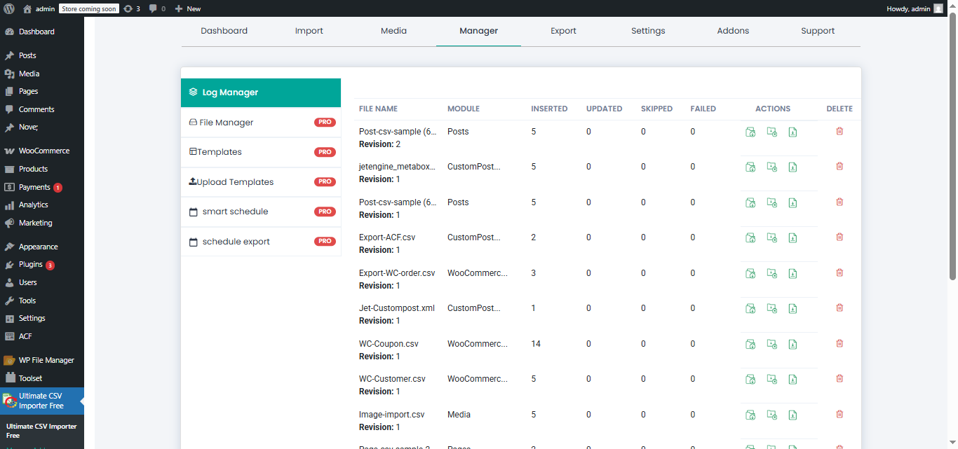 Log Manager Section