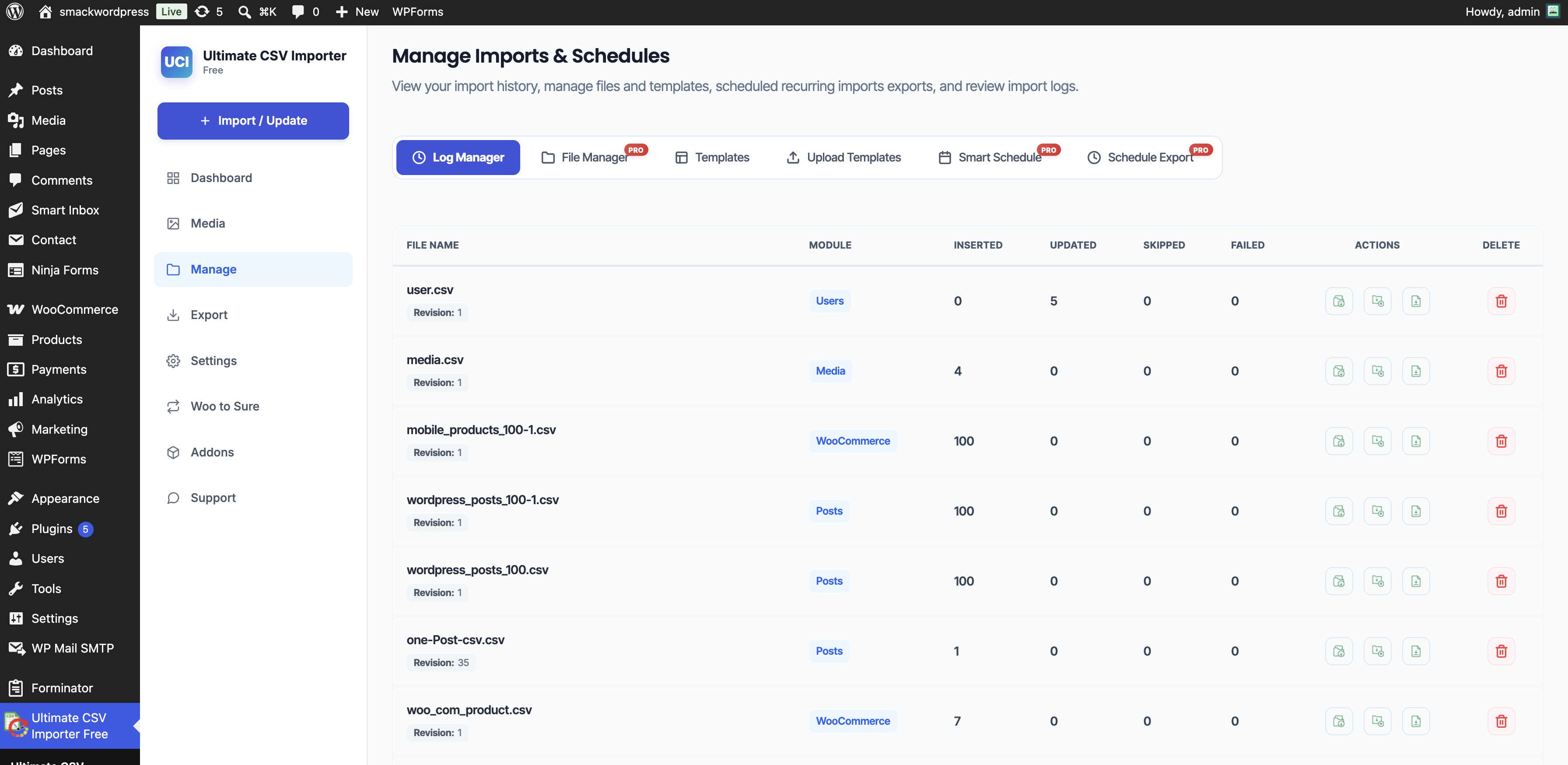 Review real-time import logs, summary logs and failed media imports