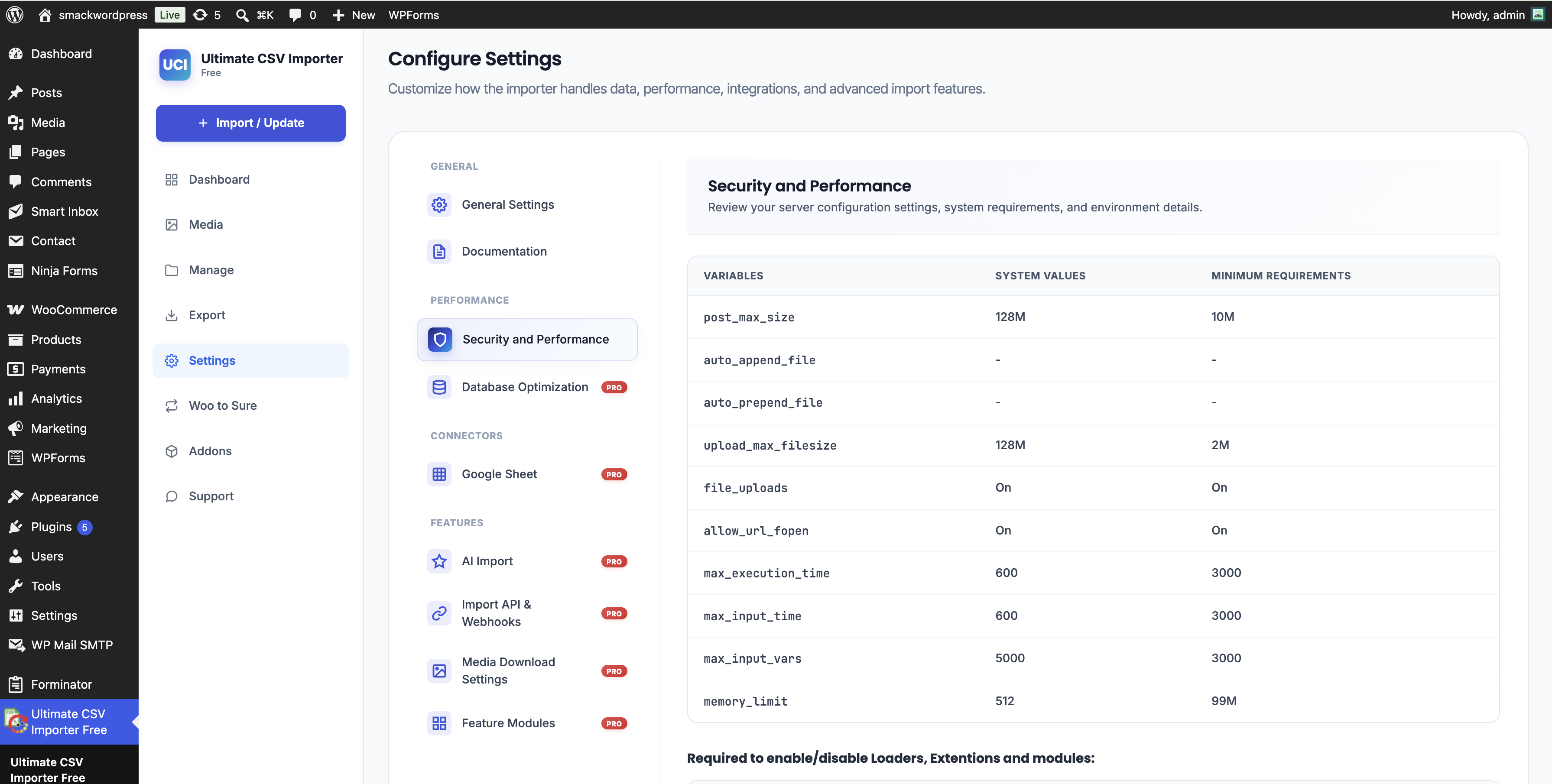 Configure security and performance settings for large WordPress imports