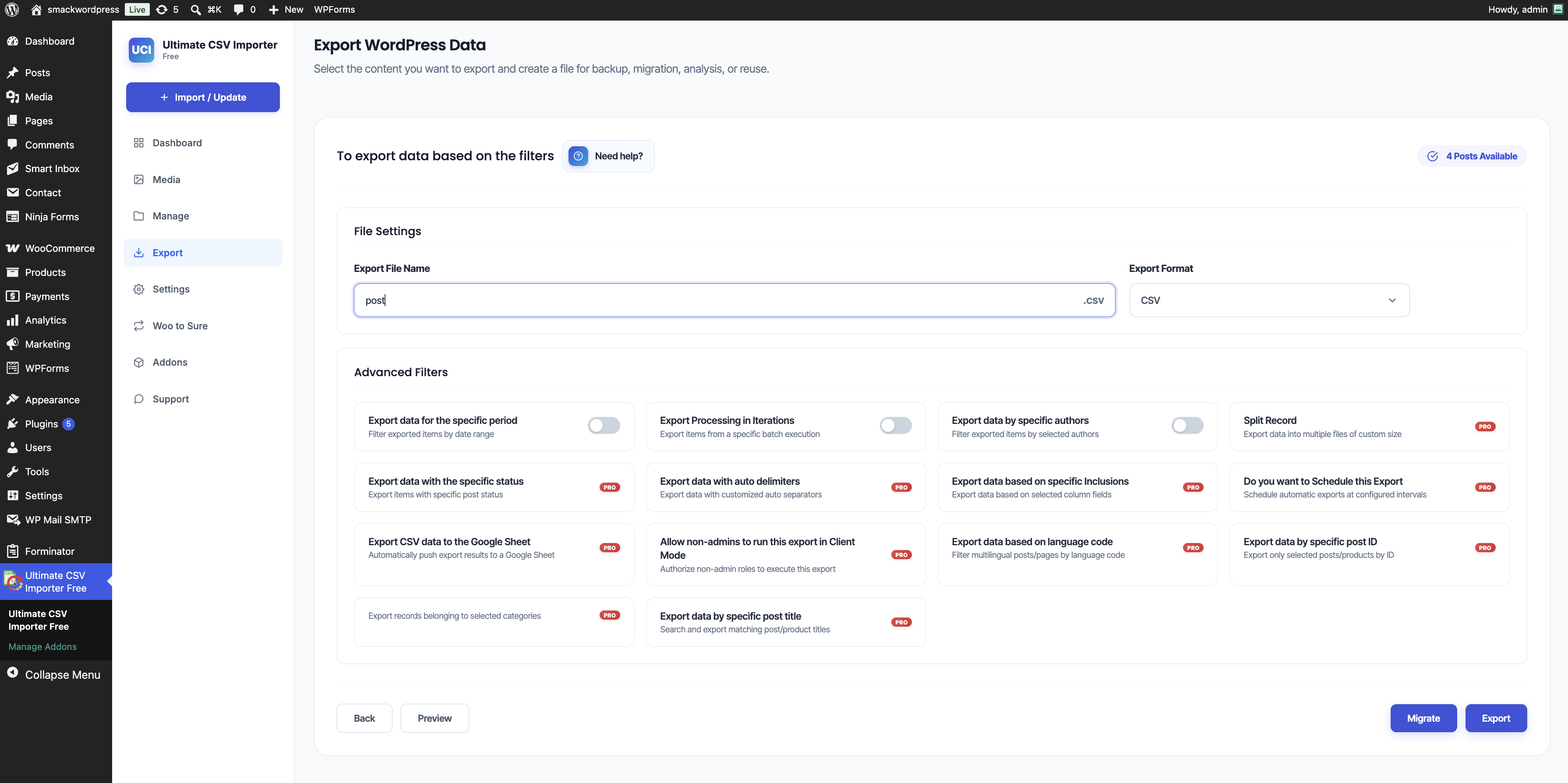 Configure WordPress migration export settings