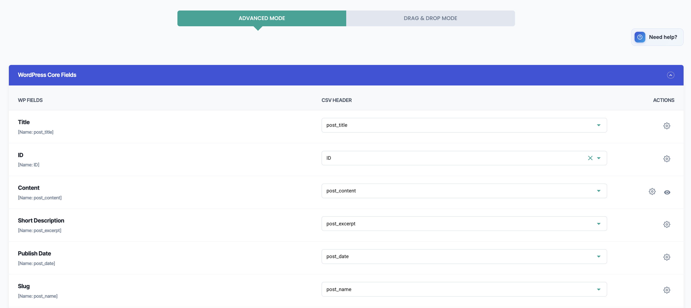 Use Advanced Mapping mode to connect source columns with WordPress fields