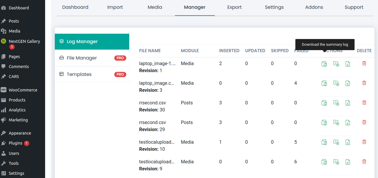 Log Manager for Imports