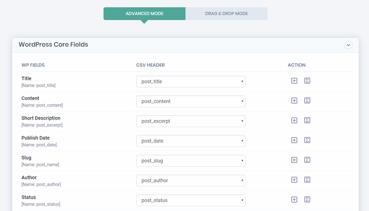 Mapping view of the uploaded XML or CSV. All import fields are set up against WordPress fields.