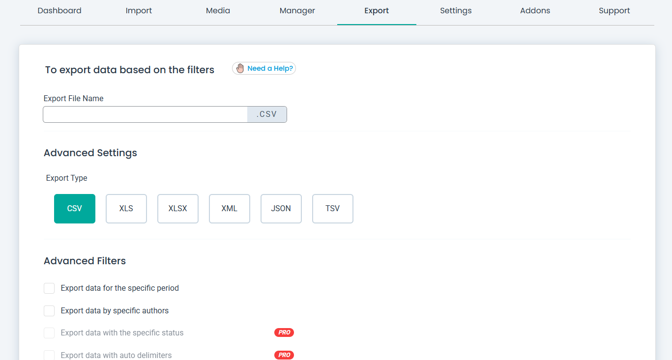 <p>Export Advanced Settings page.</p>