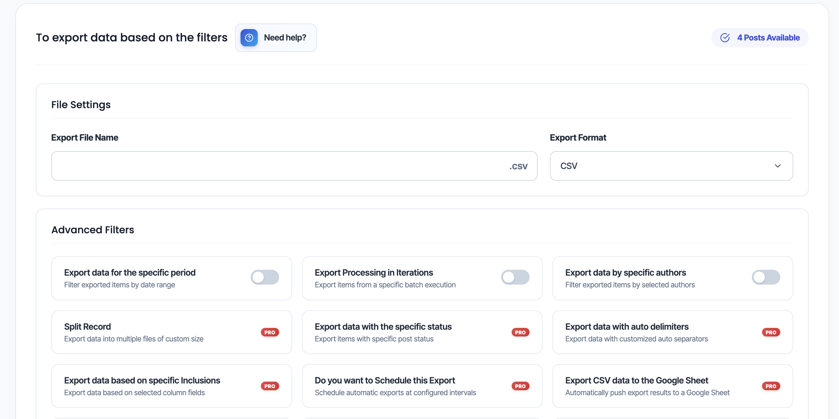 <p>Export Advanced Settings page.</p>
