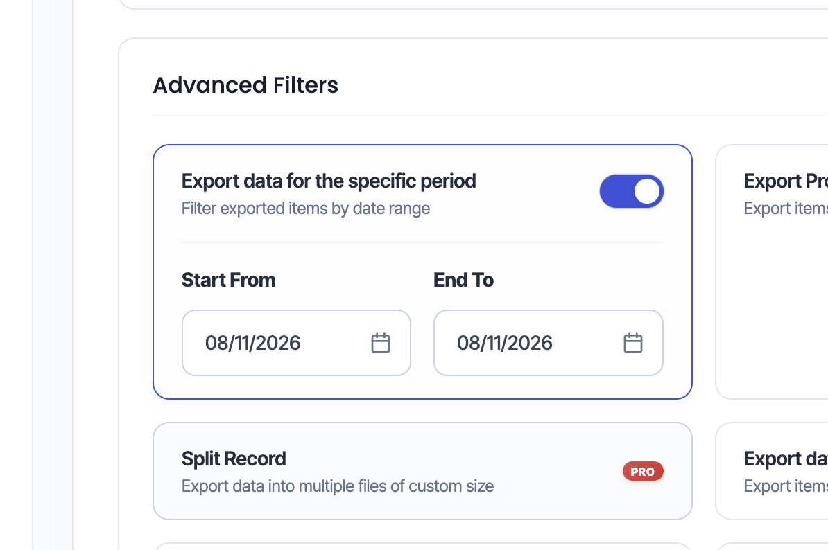 <p>Export data uploaded within a specific period.</p>