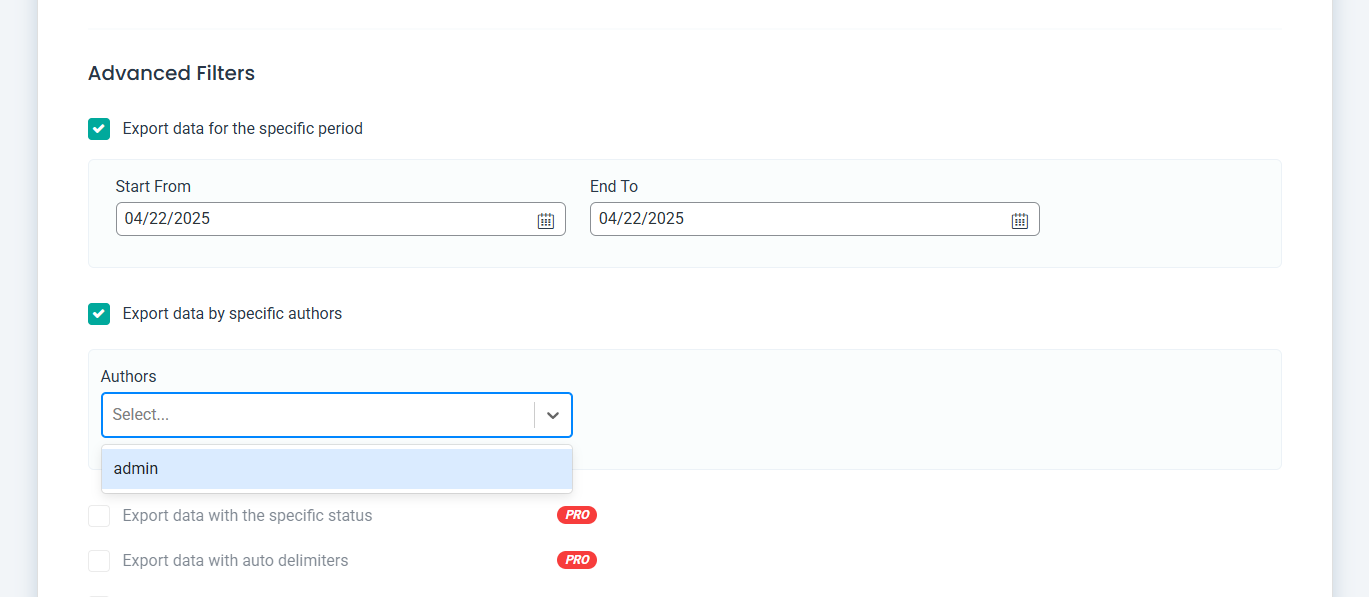 <p>Export files published by a particular author.</p>