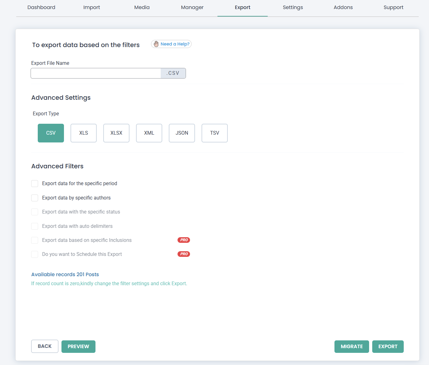 <p>Export settings with migration and preview options.</p>