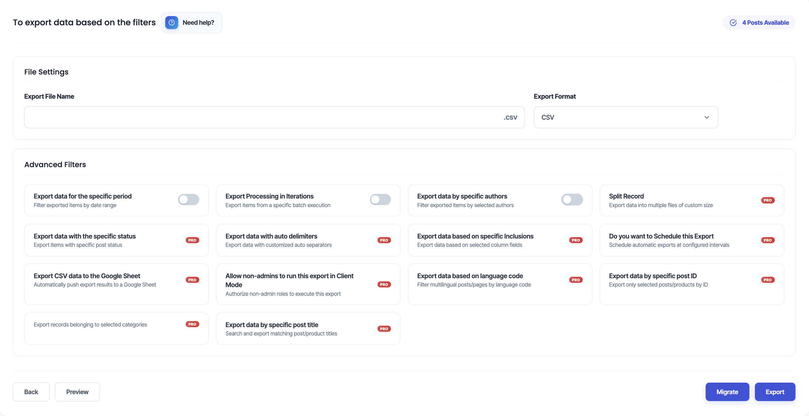 <p>Export settings with migration and preview options.</p>