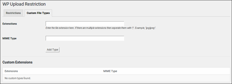 Settings - Custom File Type management page