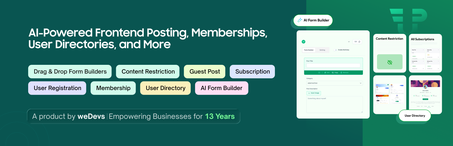 WordPress 外掛 User Frontend: AI Powered Frontend Posting, User Directory, Profile, Membership & User Registration 的封面圖片