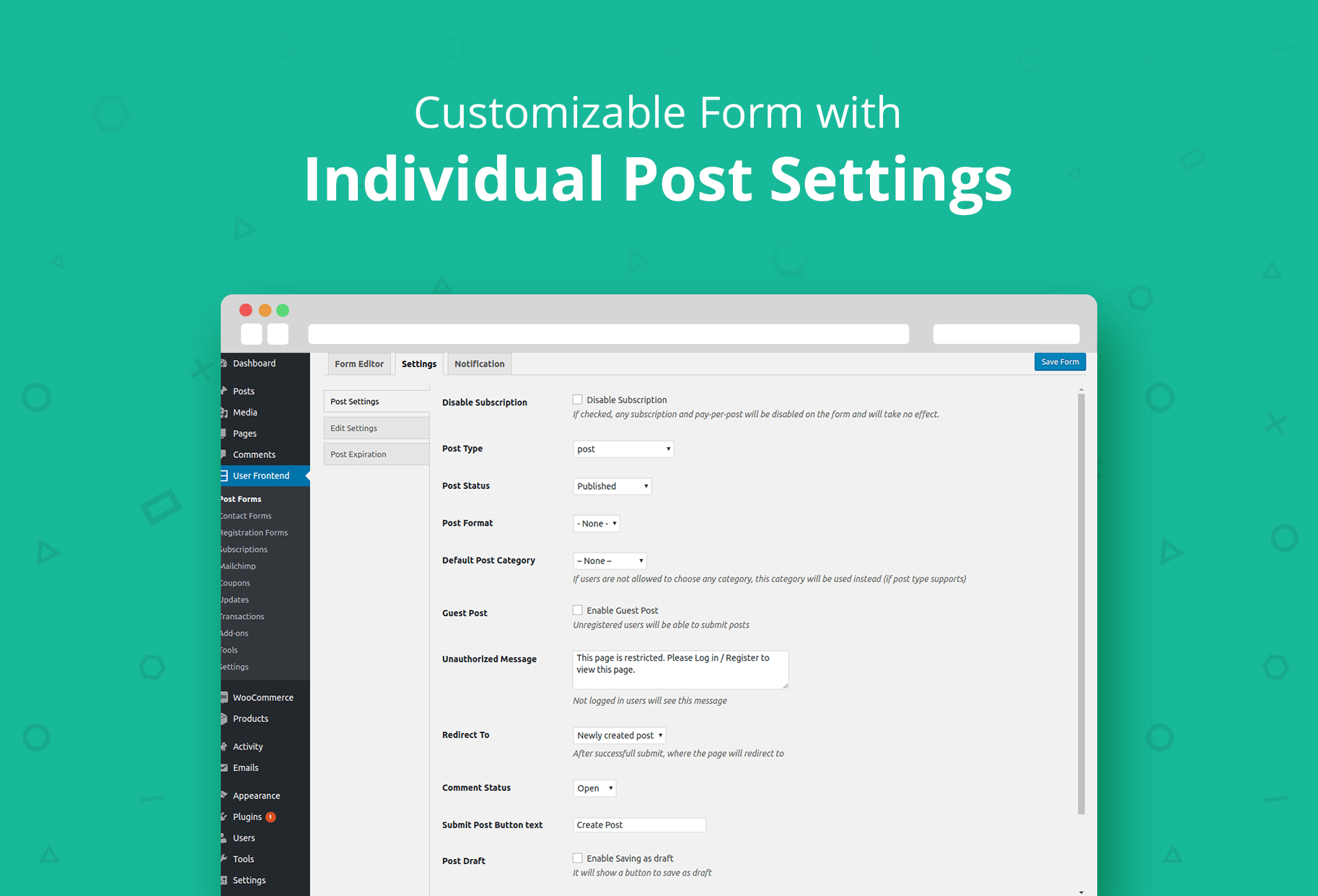 Formulário personalizável com configurações individuais de post