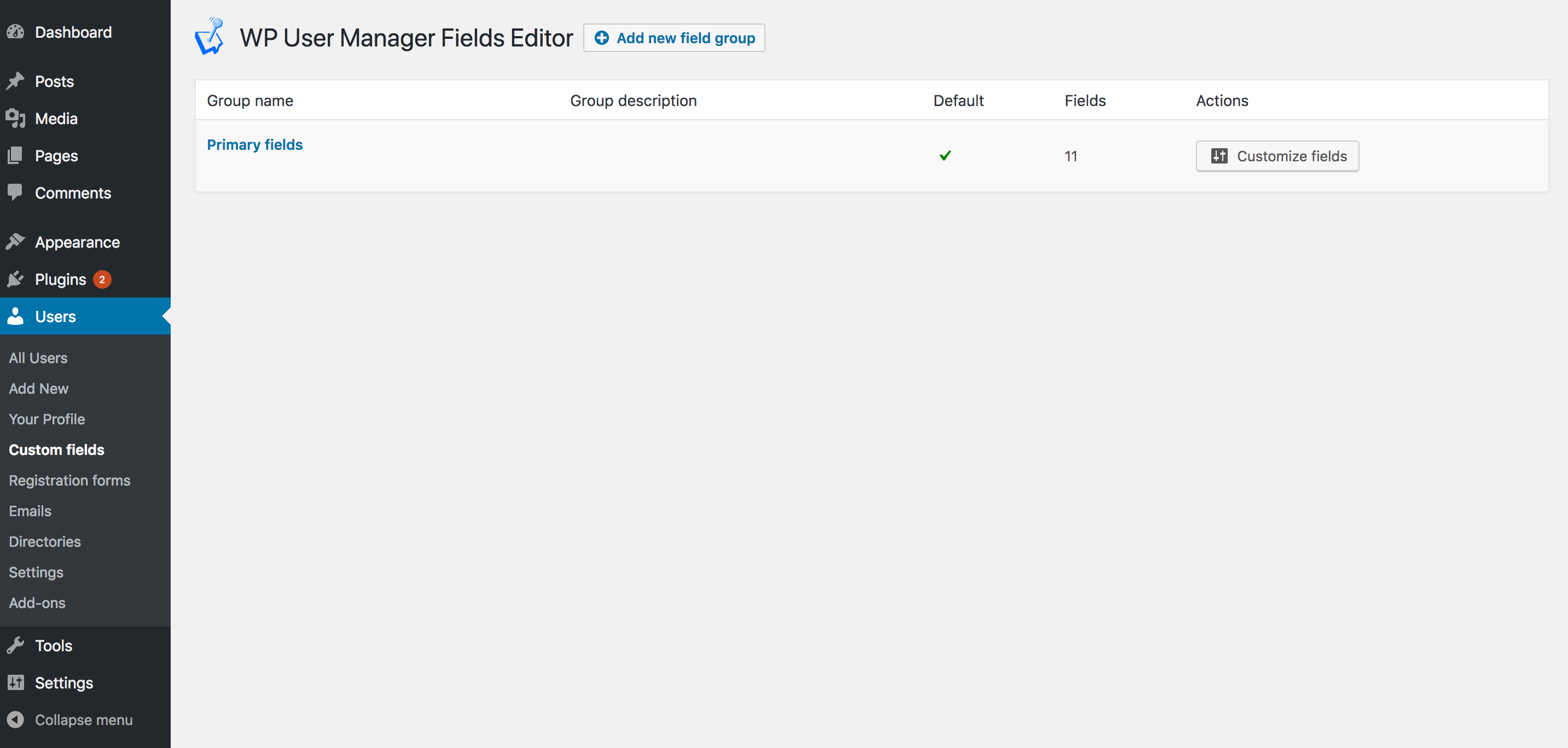 Fields groups editor, customize name and description and add new ones.